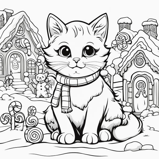 Black and white full page cut happy cat coloring page for kids