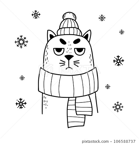 Funny sad winter cat character in knitted scarf