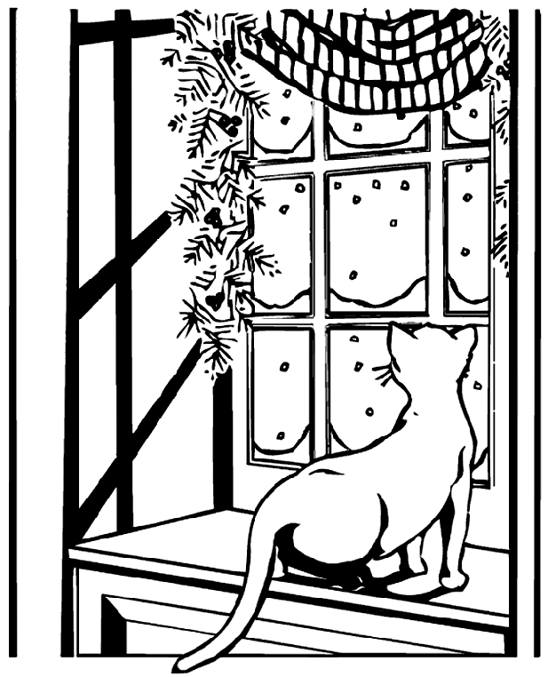 Cat watching snow coloring page