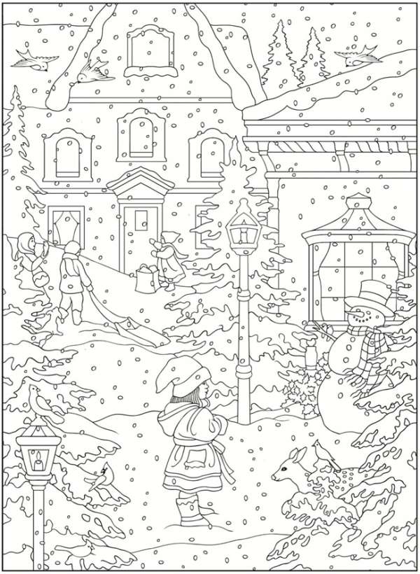 Free winter scene christmas coloring pages â