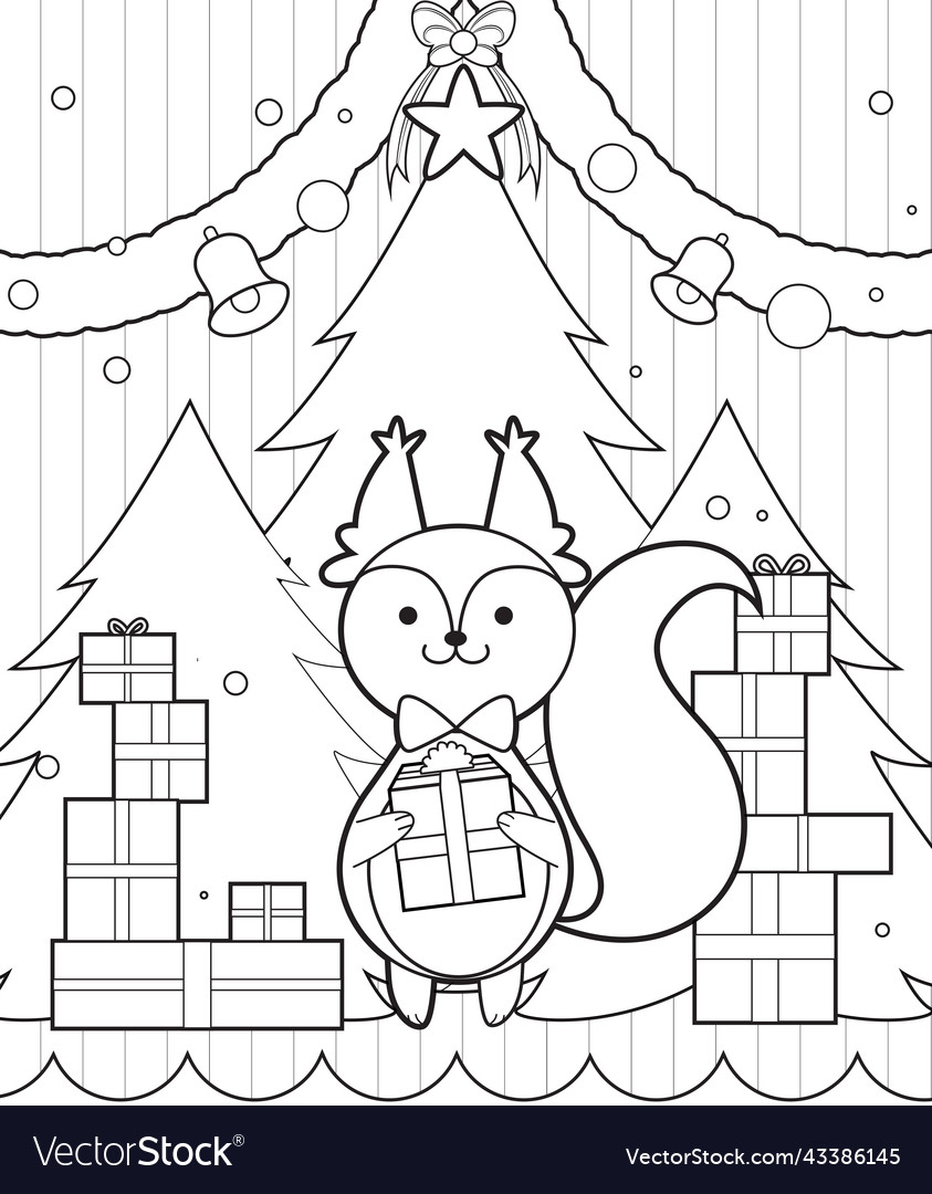 Squirrel christmas winter coloring book page vector image