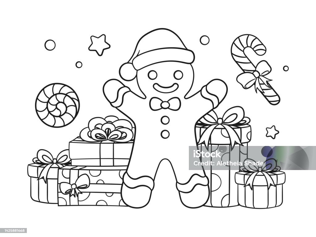 Gingerbread man with gift boxes and peppermint candy cane outline line art doodle cartoon illustration winter christmas theme coloring book page activity for kids and adults stock illustration