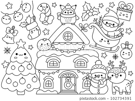 Vector christmas horizontal line coloring page