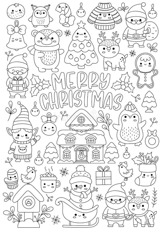 Vector christmas vertical line coloring page for kids with cute kawaii characters black and white winter holiday illustration stock vector