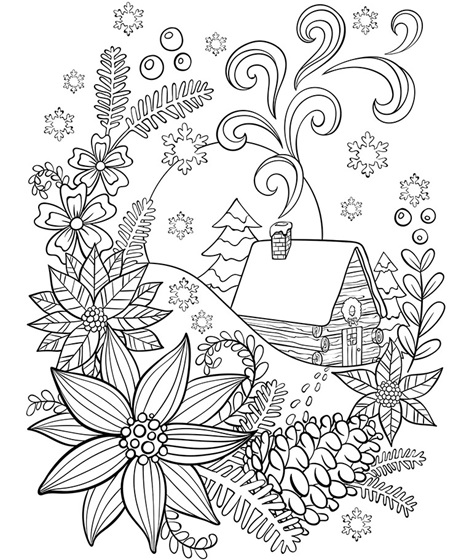 Free christmas coloring page cabin in the snow â