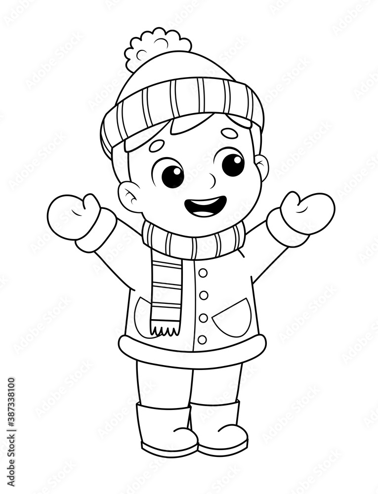 Coloring page of a cute cartoon kid in winter clothes coloring book for kids vector