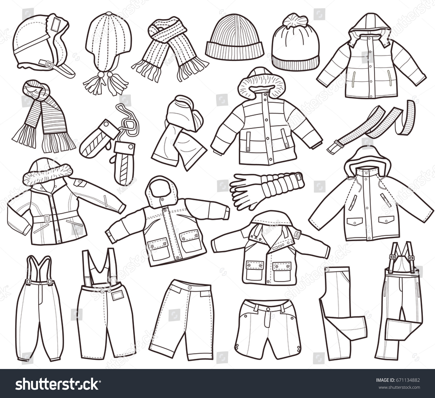 Collection winter childrens clothing coloring book stock vector royalty free