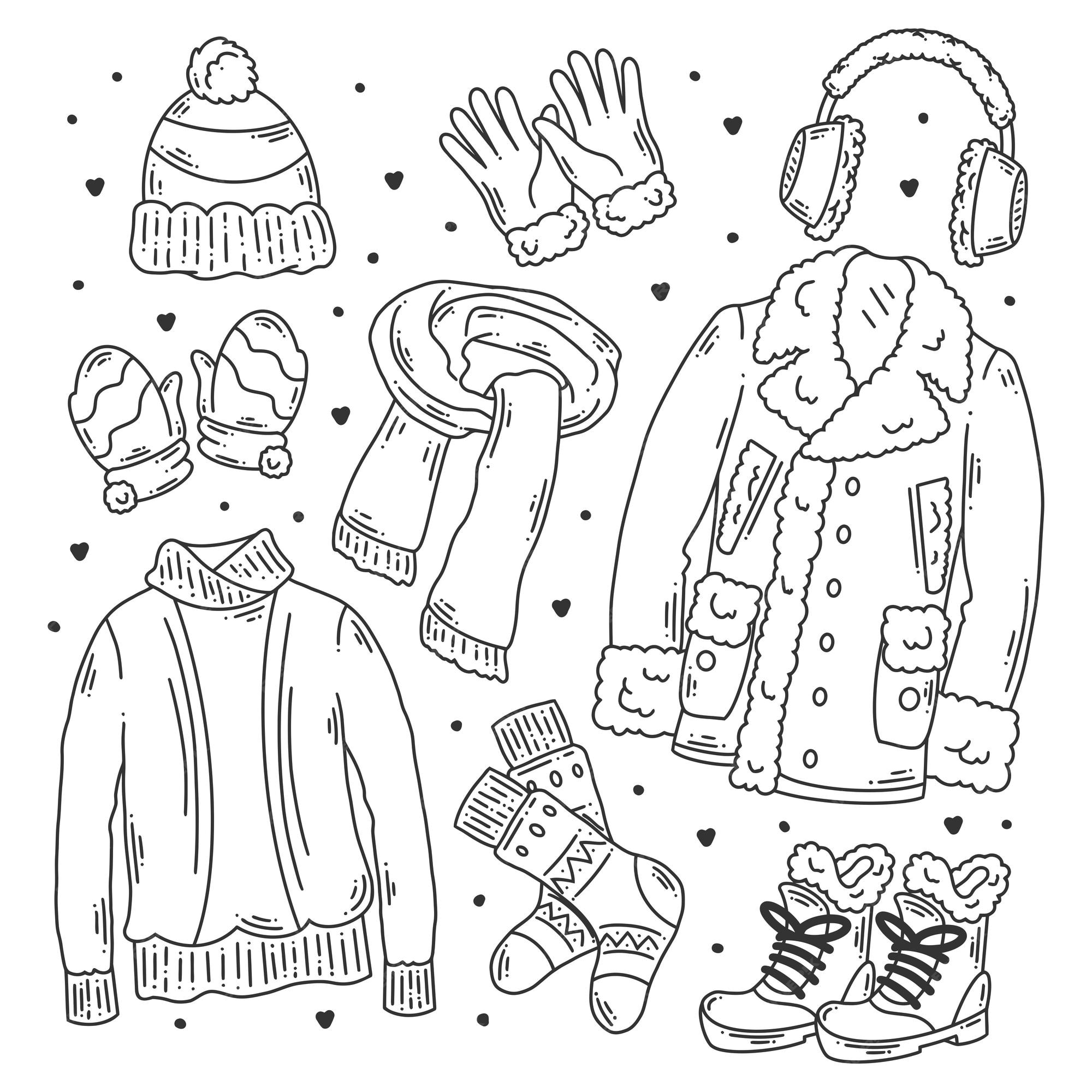 Premium vector hand drawn set of winter clothes and essentials doodle coloring