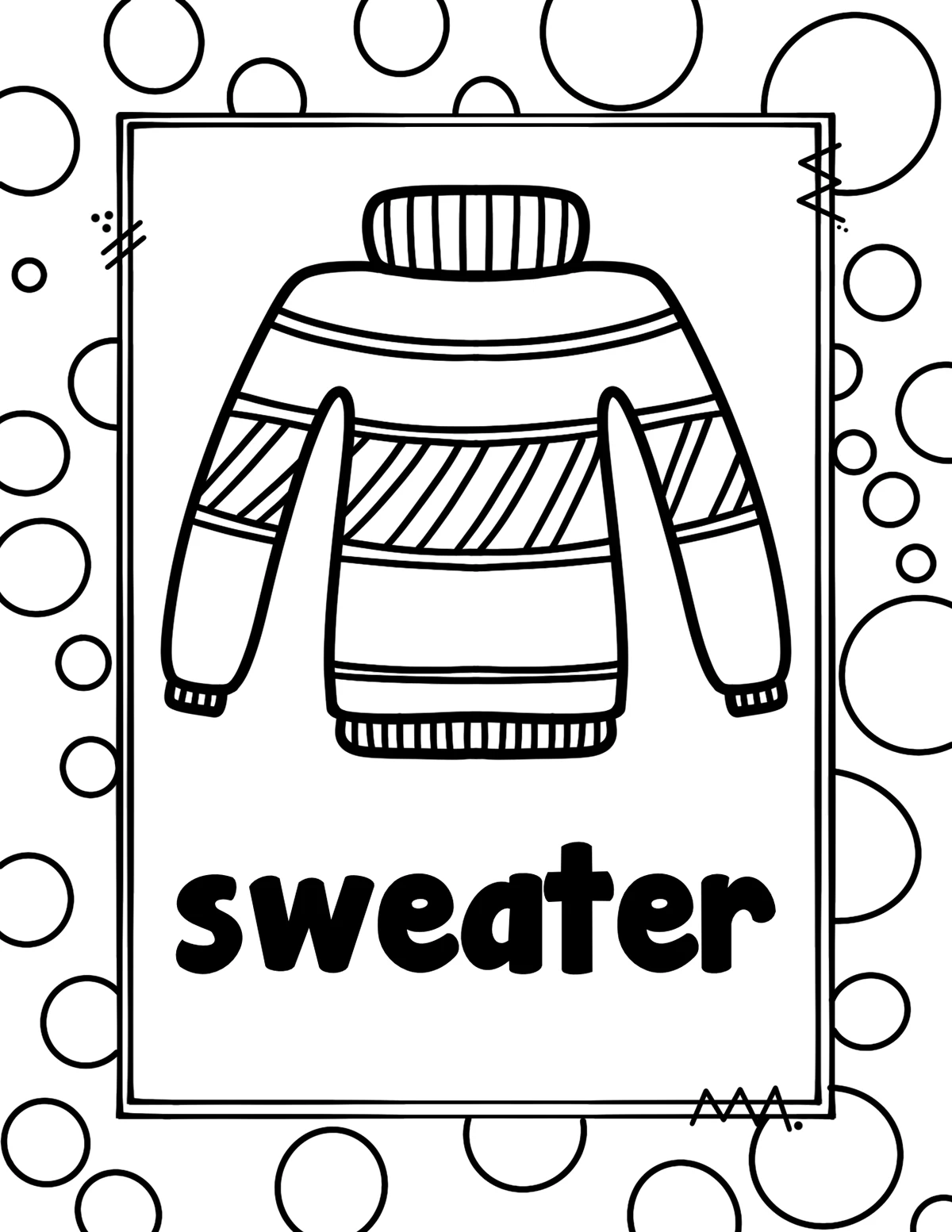 Winter clothes flashcards coloring page clipart on