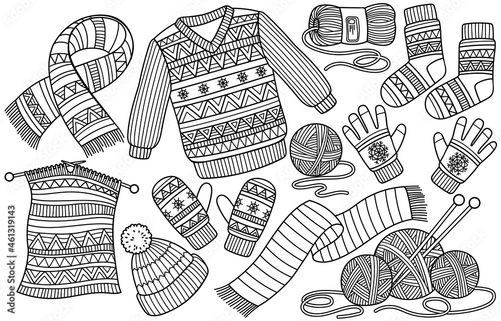 Vektorovã grafika âwinter clothes coloring page knitted hat and scarf socks gloves christmas sweater isolated on white background in doodle styleâ ze sluåby