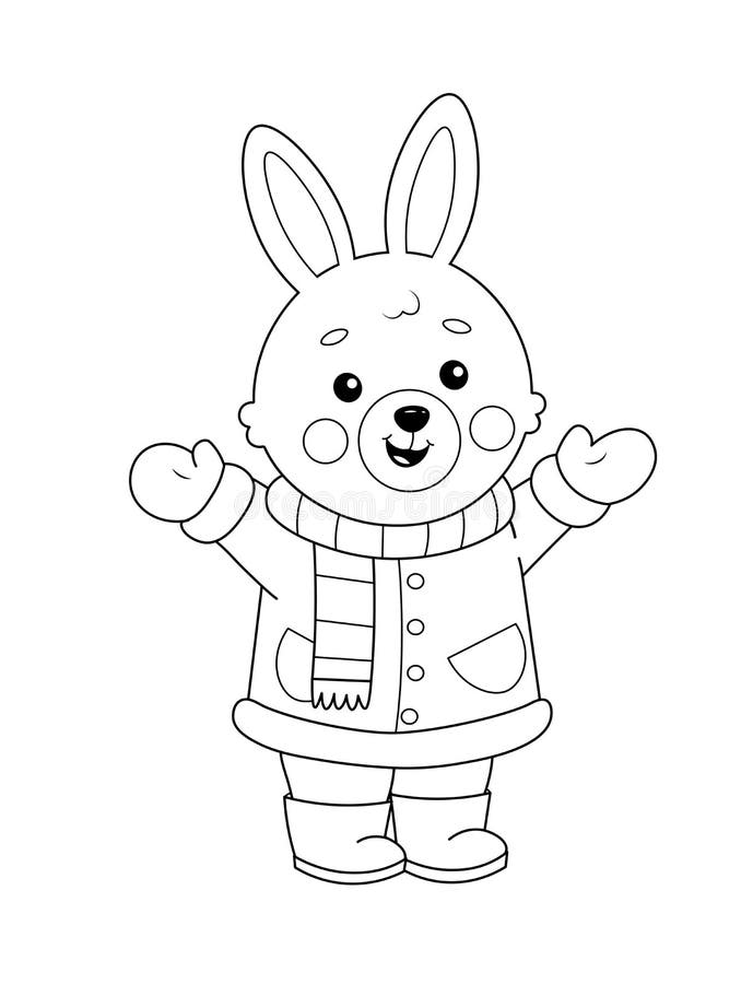 Coloring page of a cute cartoon bunny in winter clothes coloring book for kids stock vector