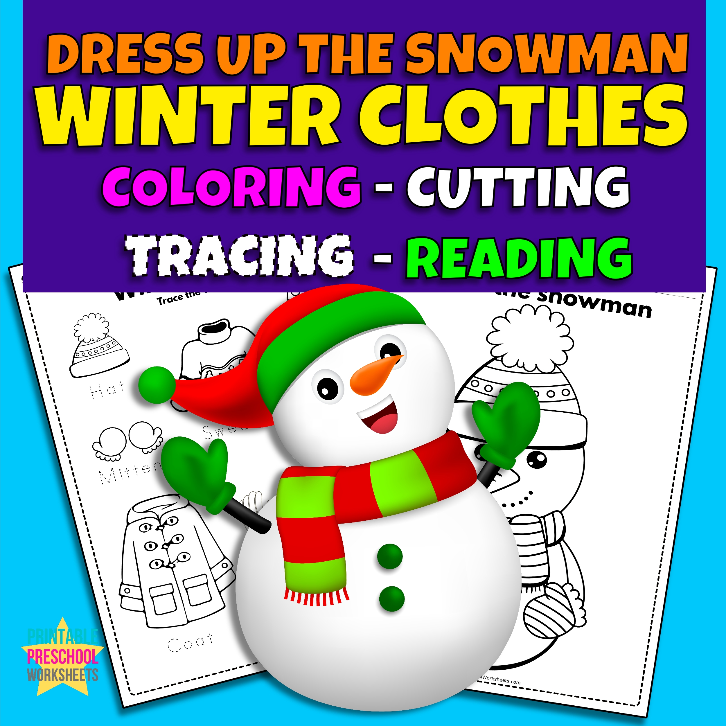 Winter clothes build a snowman coloring