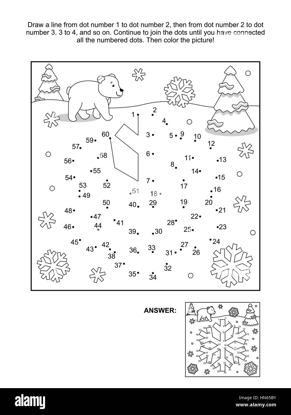 Winter new year or christmas themed connect the dots picture puzzle and coloring page