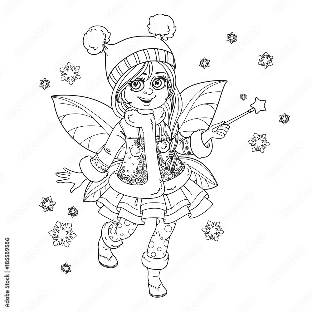 Cute little winter fairy girl with a magic wand outlined picture for coloring isolated on a white background vector