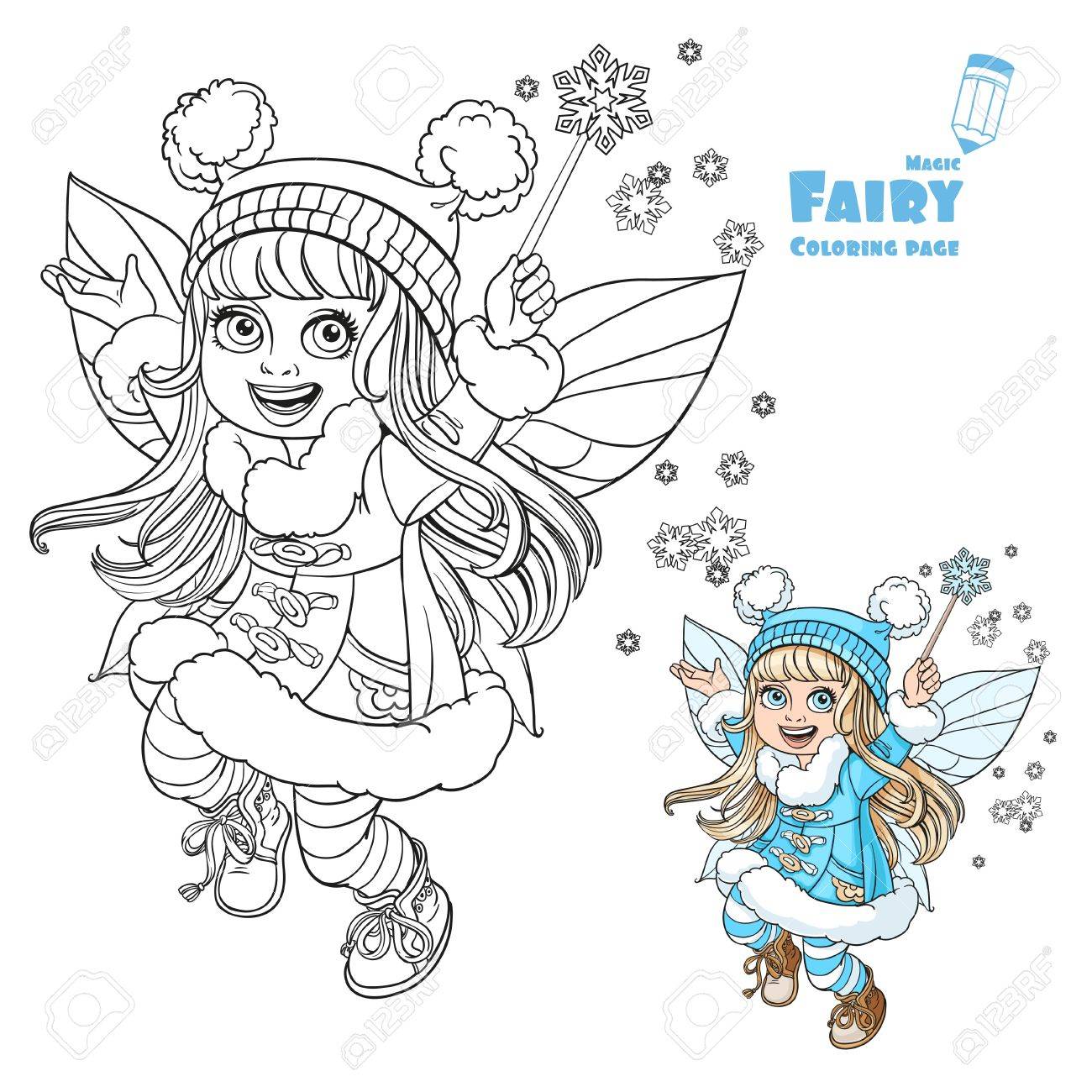 Cute little winter fairy girl with a magic wand color and outlined picture for coloring book on a white background royalty free svg cliparts vectors and stock illustration image