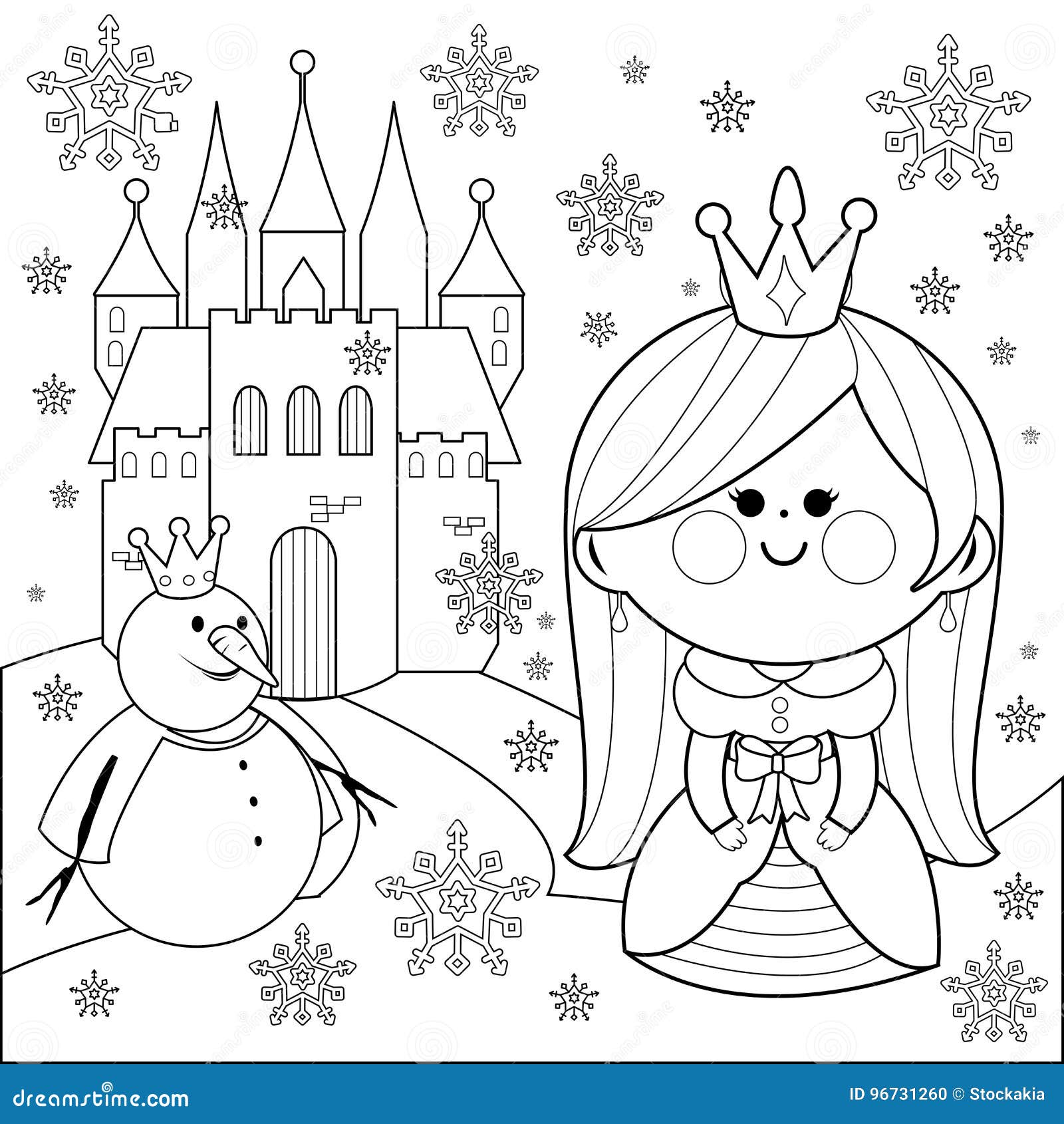 Princess in the snow with a castle and a snowman vector black and white coloring page stock vector