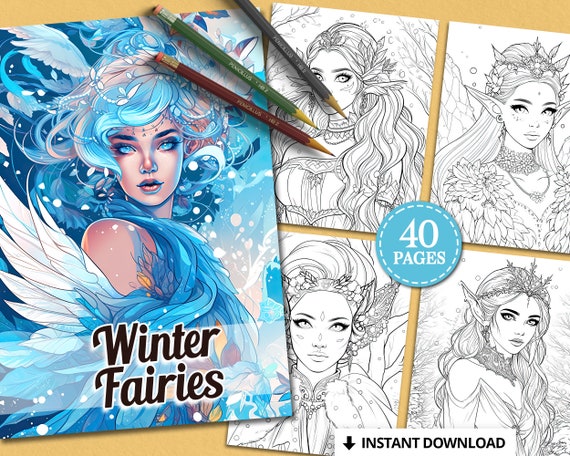 Winter fairies coloring book pages for kids and adults instant digital download printable pdf cute snow fairy coloring sheets procreate