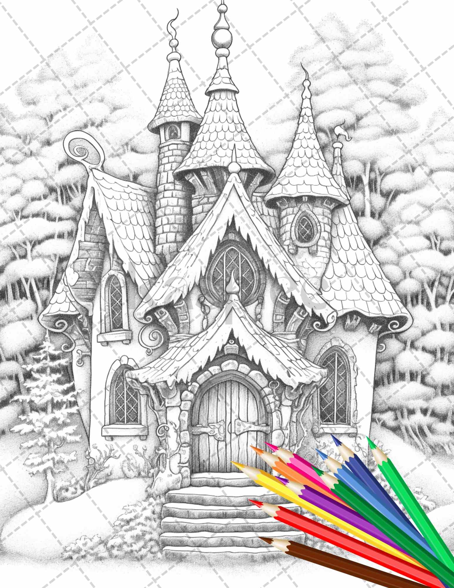 Winter fairy houses grayscale coloring pages printable for adults â coloring