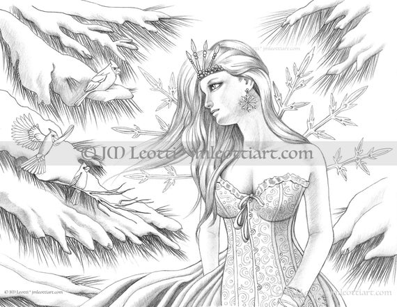 Cardinals frost adult coloring page instant download winter snow fairy grayscale coloring pages goddess faerie art