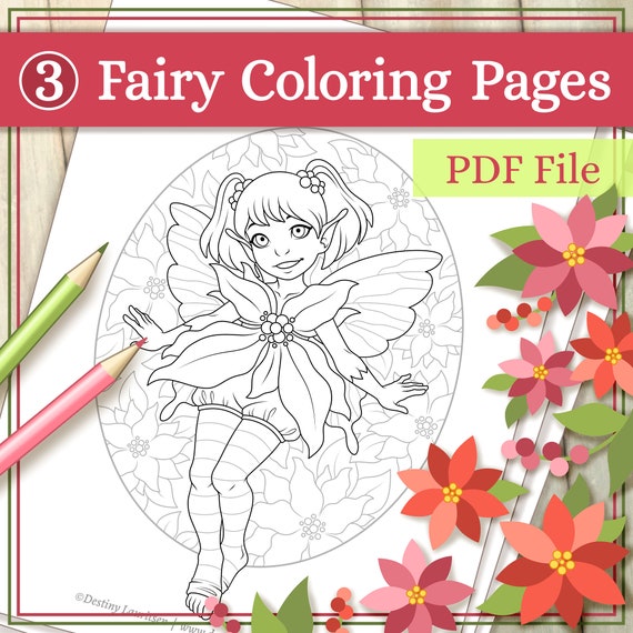 Fairy coloring pages winter botanical pixie illustrations suitable for all ages printable pdf file