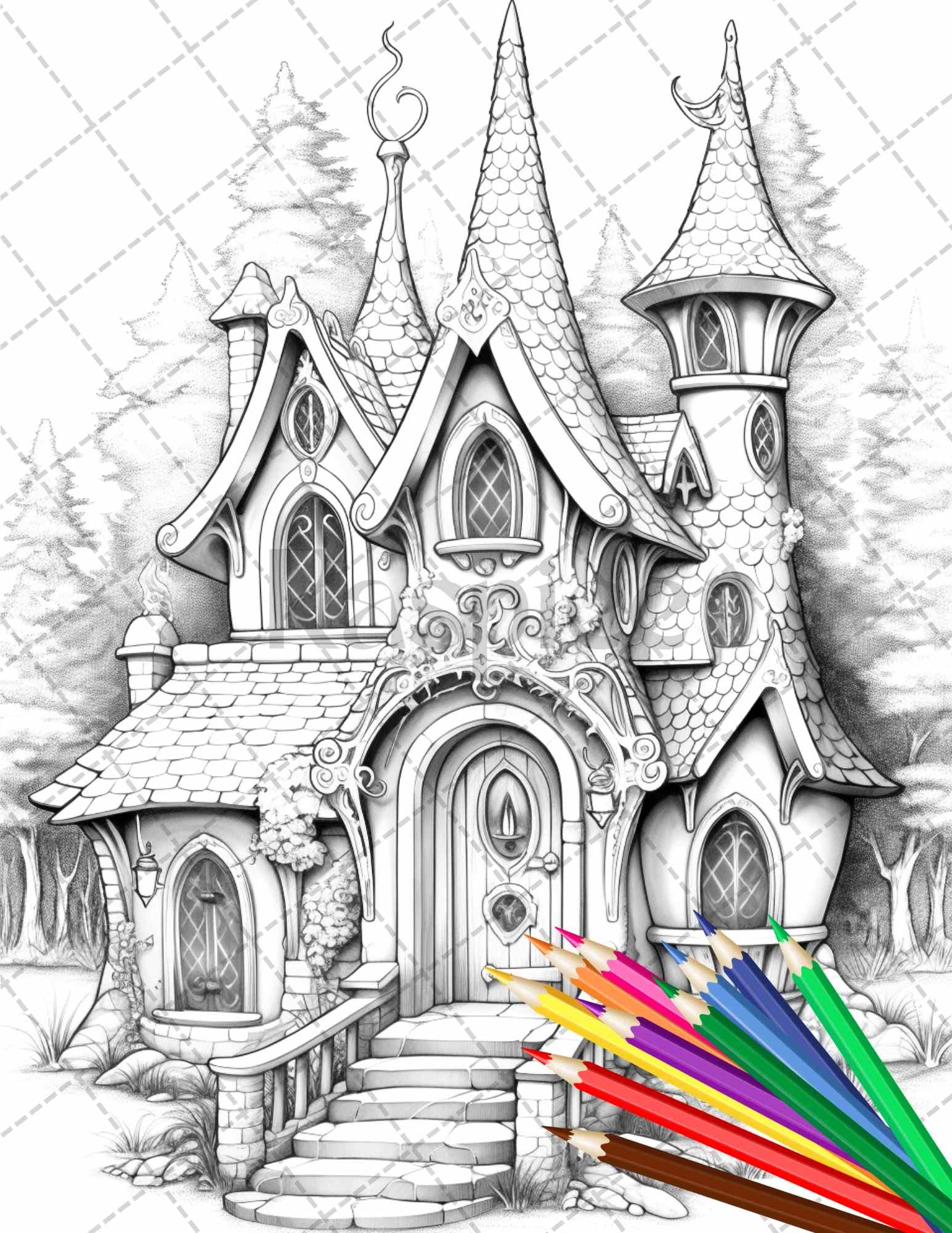 Winter fairy houses grayscale coloring pages printable for adults â coloring