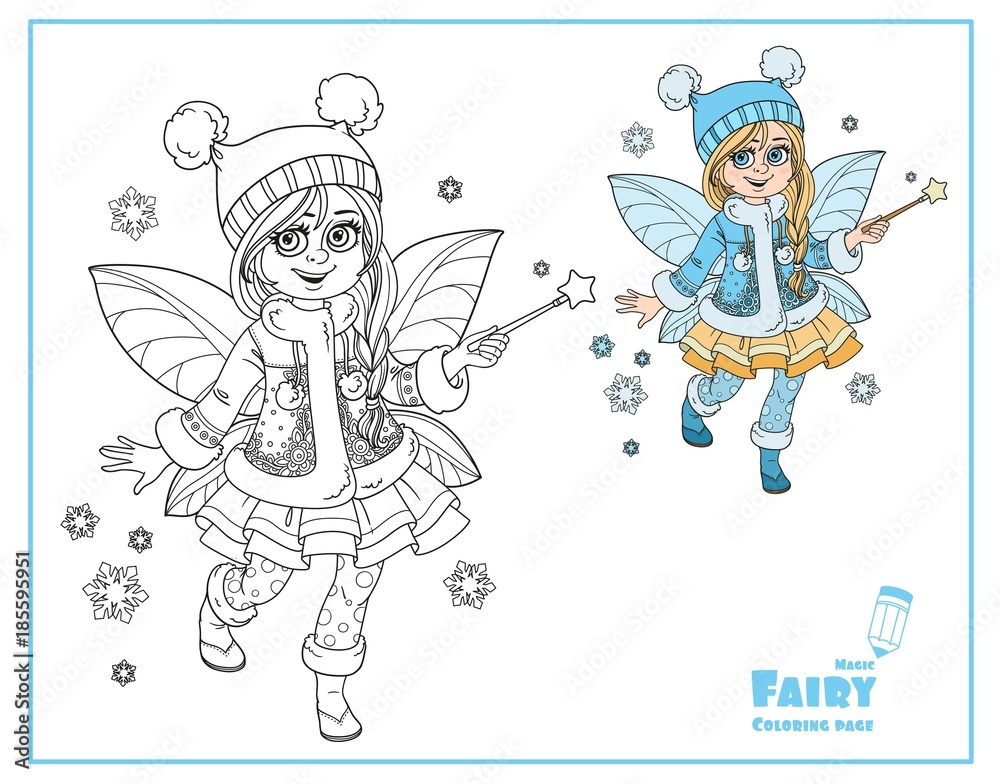 Cute little winter fairy girl with a magic wand color and outlined picture for coloring isolated on a white background vector