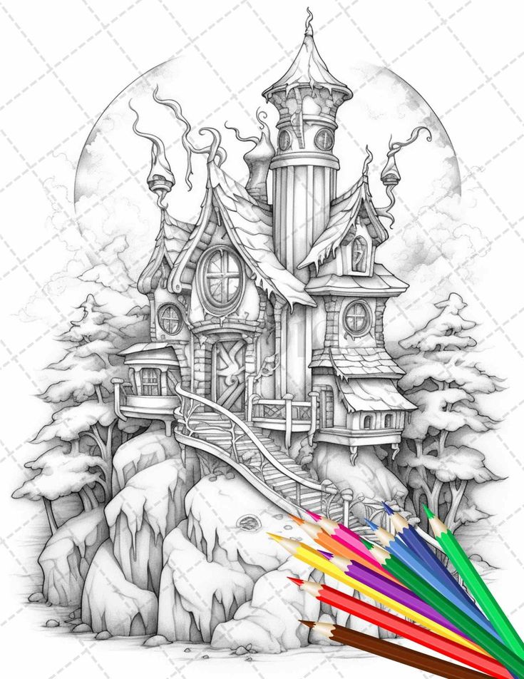 Winter fairy houses grayscale coloring pages printable for adults in grayscale coloring winter fairy coloring pages