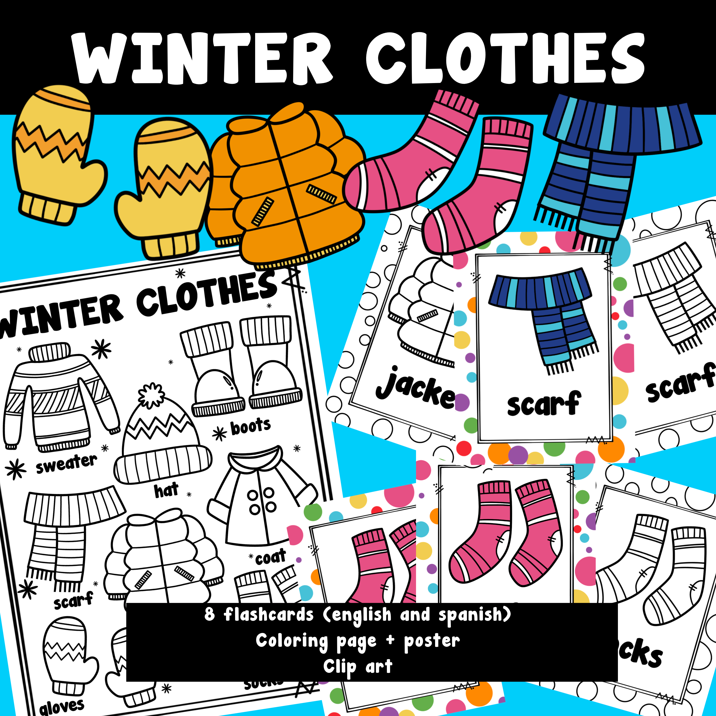 Winter clothes flashcards coloring page clipart on