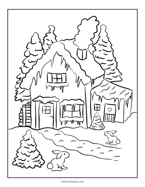 Free printable winter house coloring page for kids