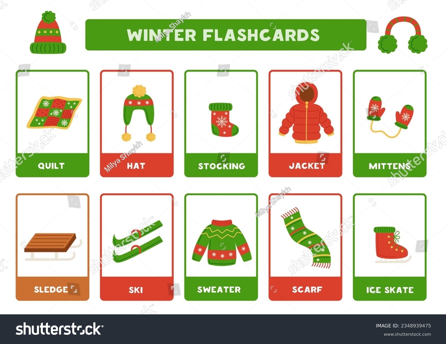 Winter elements flashcards preschool kids educational stock vector royalty free