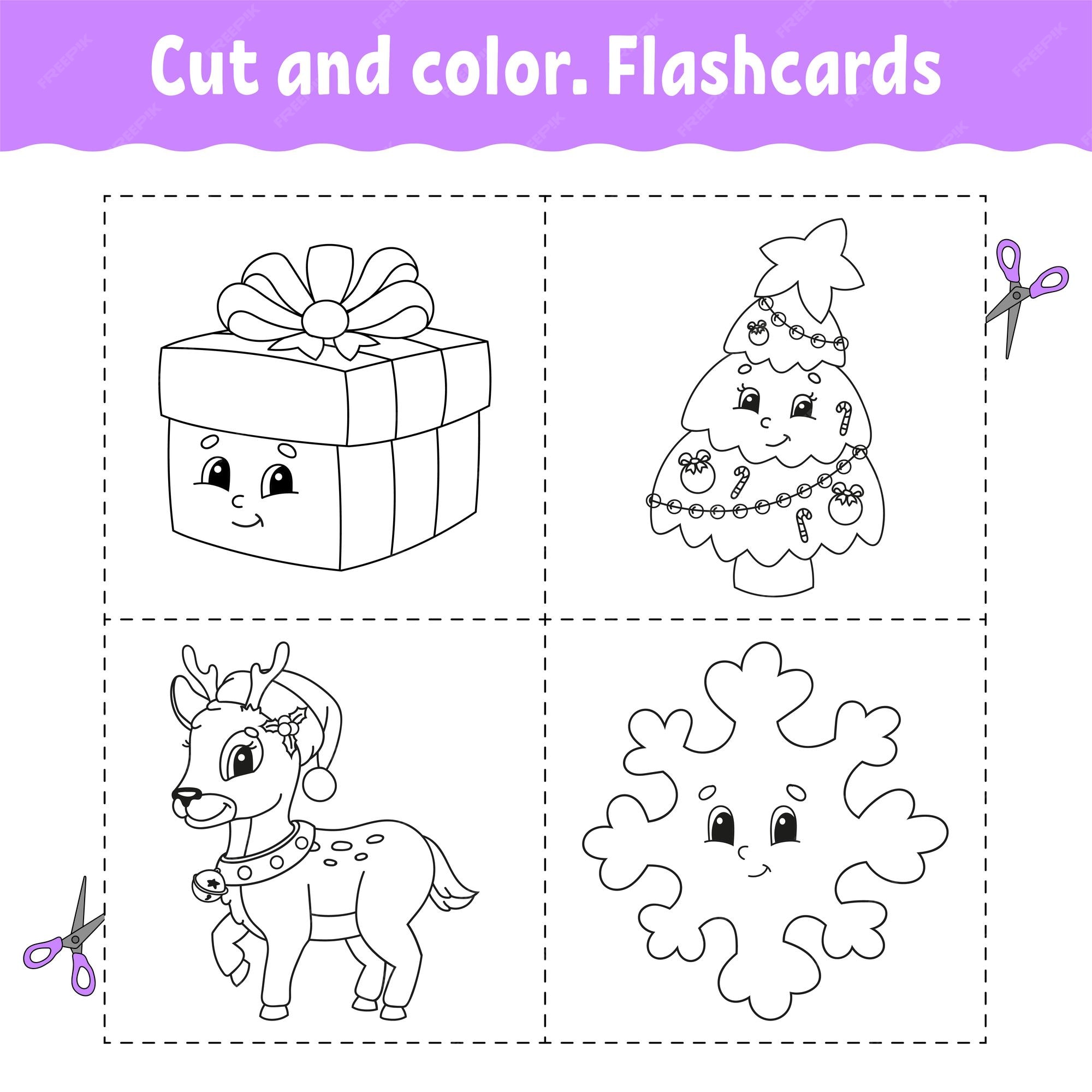 Premium vector cut and color flashcard set coloring book for kids cute cartoon character black contour silhouette christmas theme