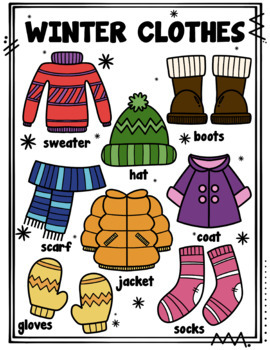 Winter clothes flashcards coloring page poster clipart ropa de invierno