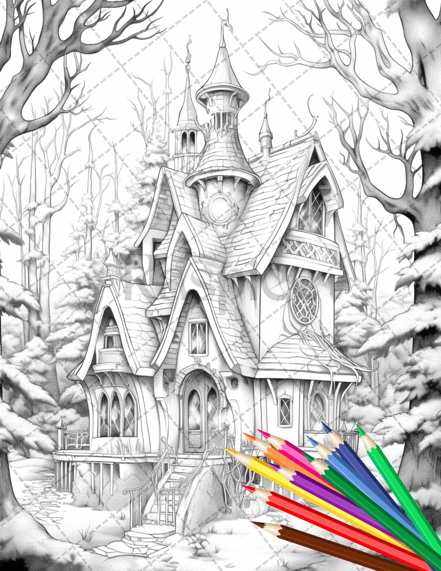 Winter fairy houses grayscale coloring pages printable for adults â coloring