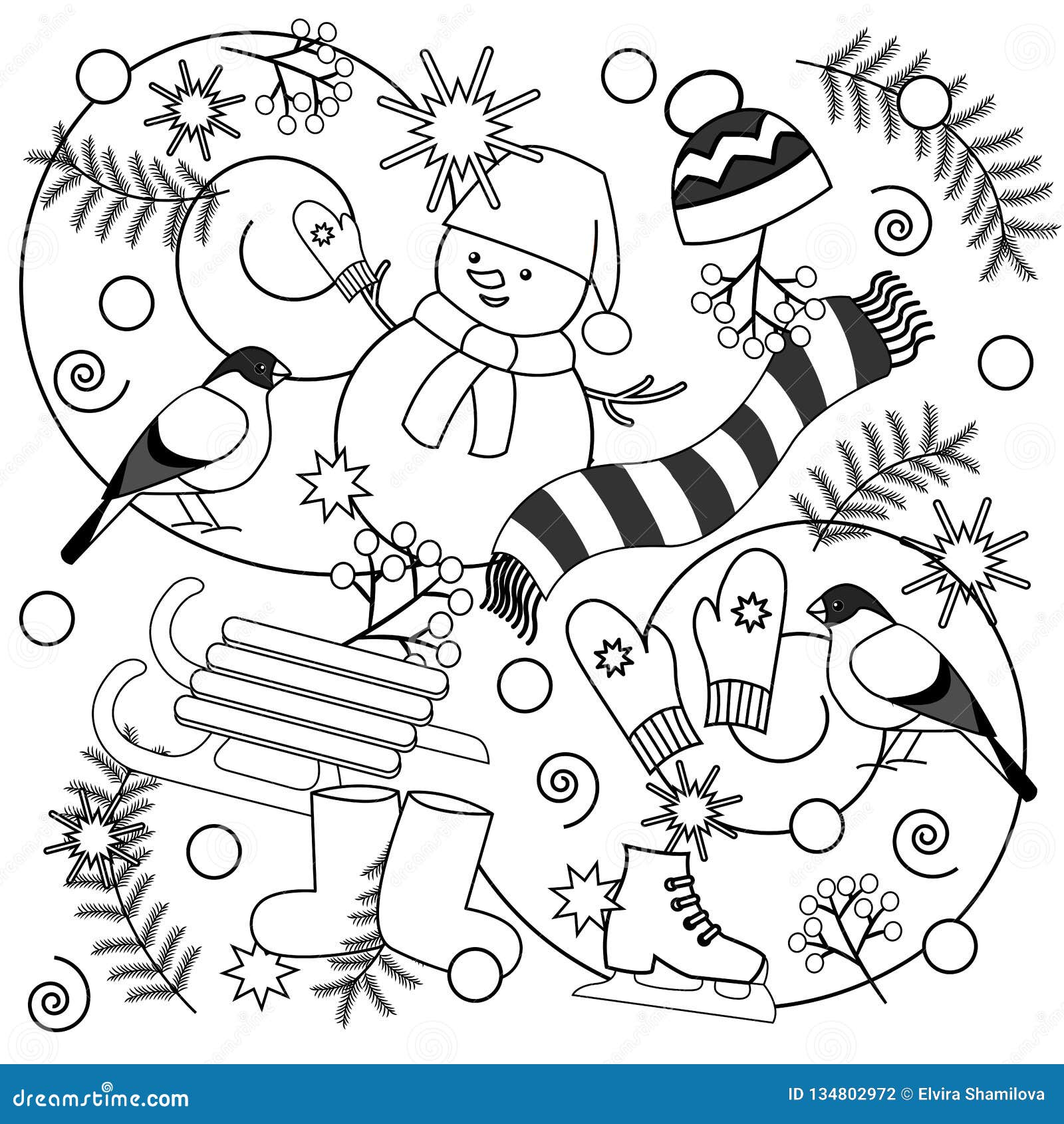 Winter coloring pages for kids and adults stock illustration