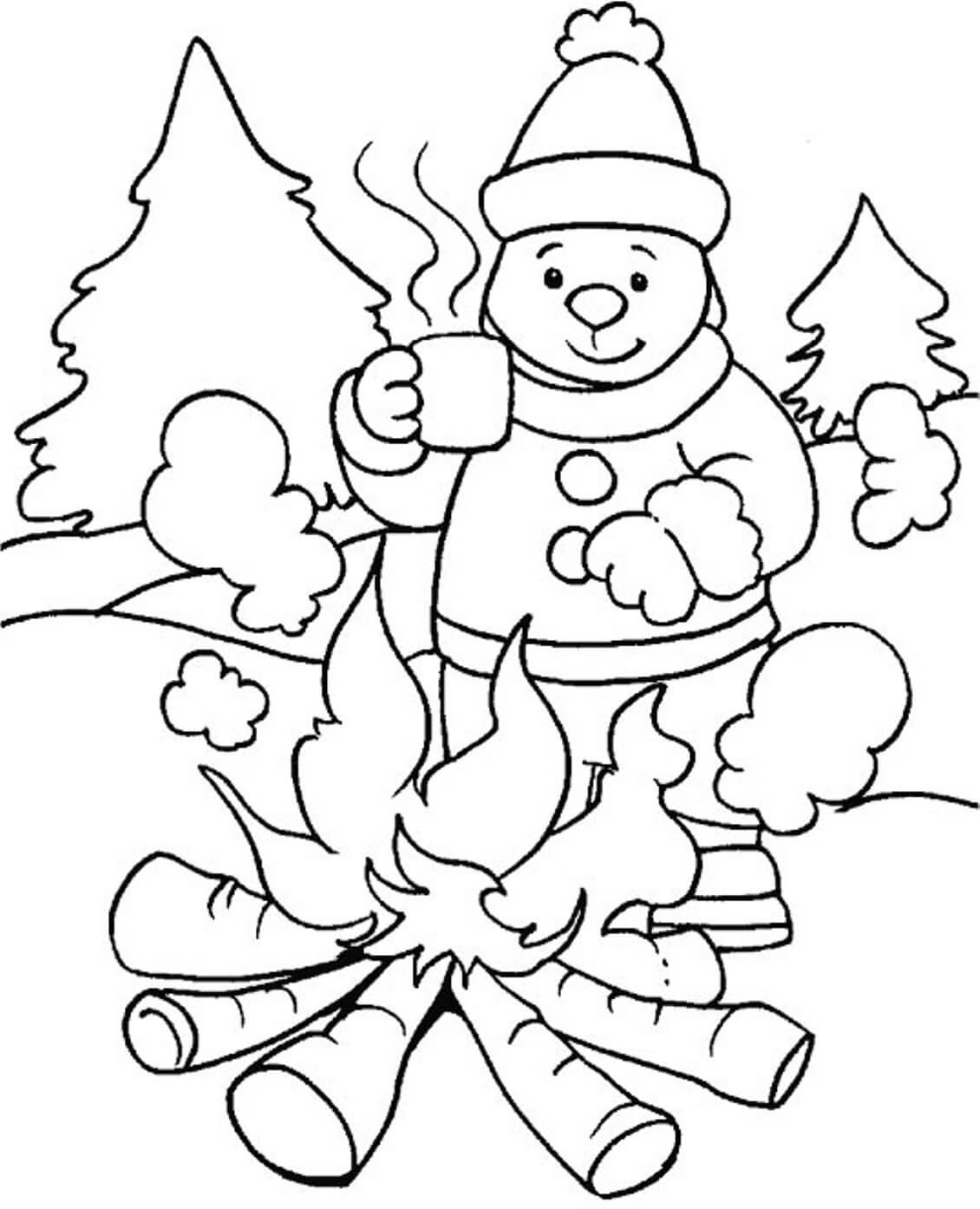 Campfire in the winter coloring page