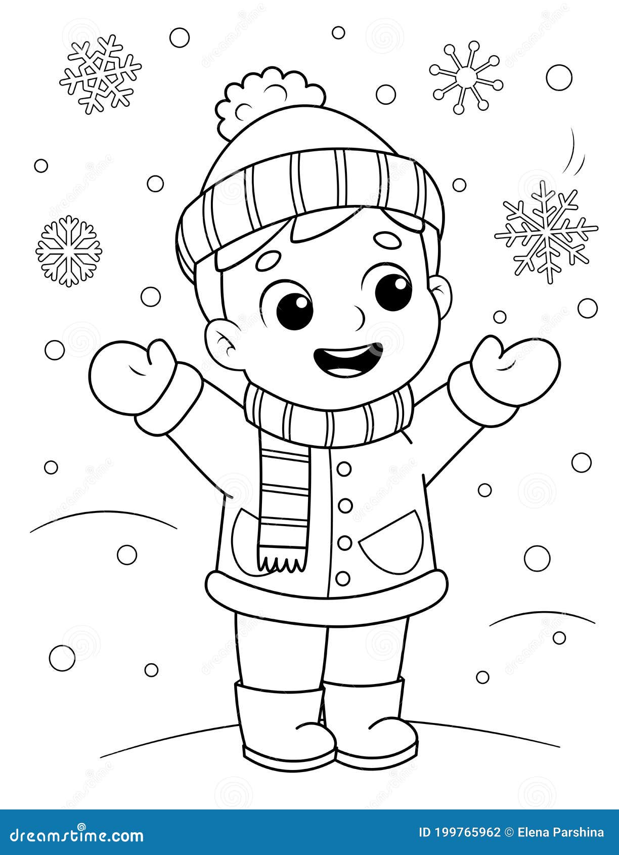 Coloring page of a cute cartoon kid in winter clothes enjoying the snow coloring book for kids stock vector