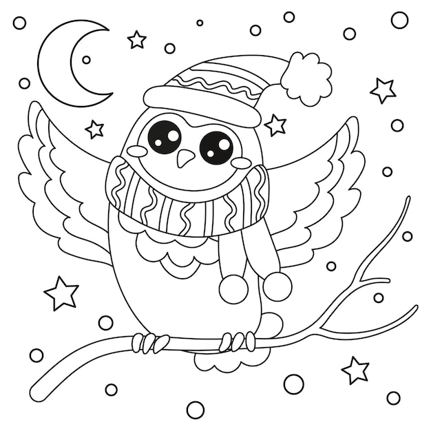 Premium vector winter kids coloring book cute owl in a hat and scarf