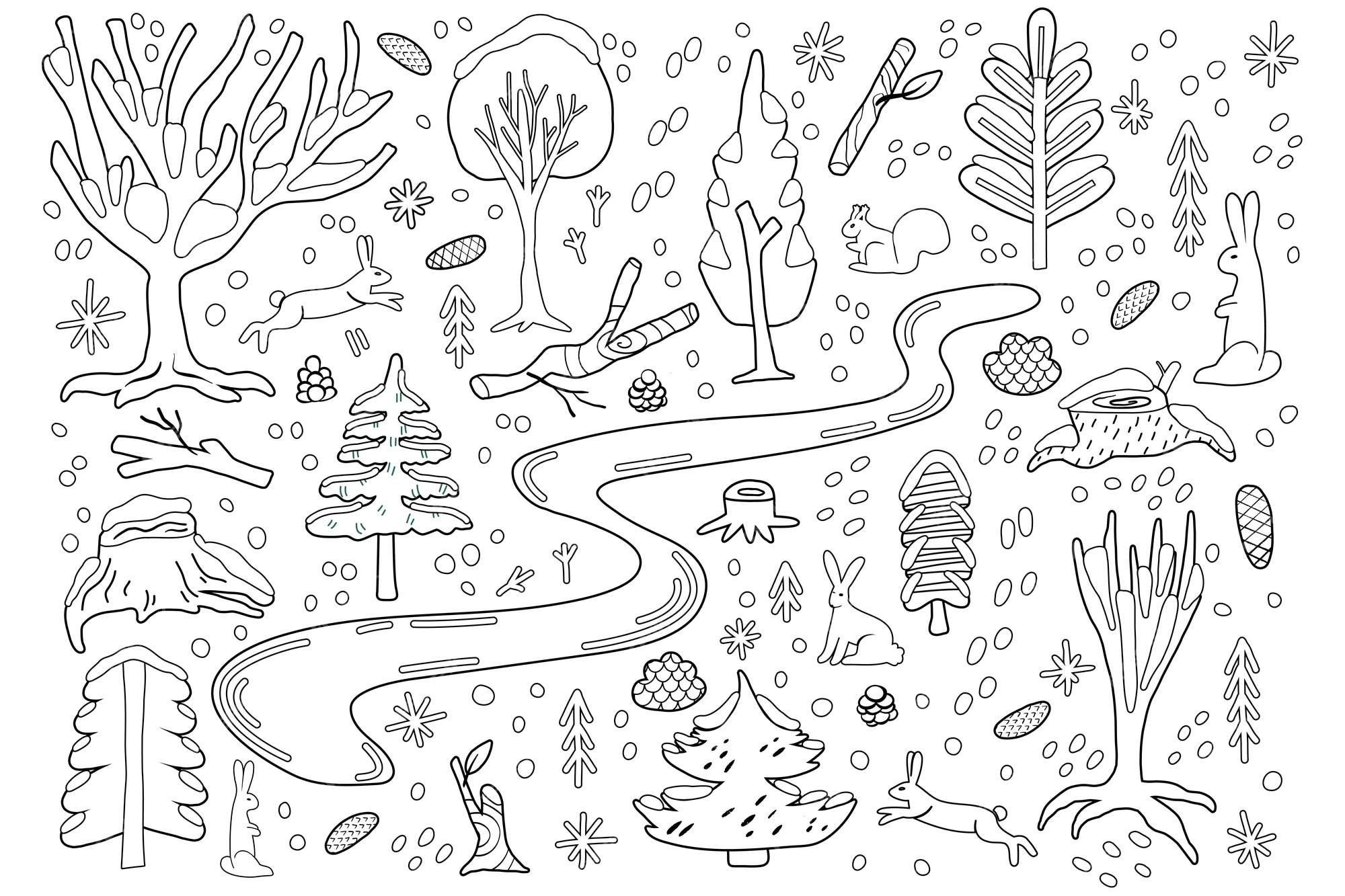 Premium vector coloring page with winter forest elements vector illustration for children activity