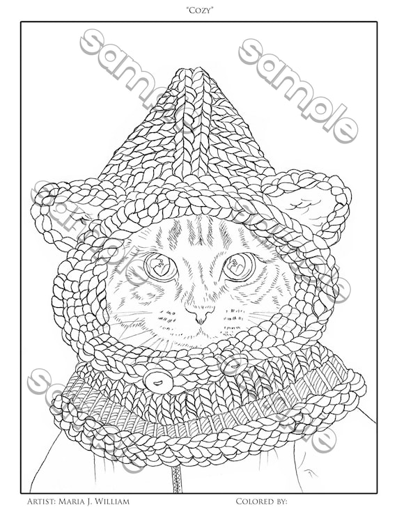 Cute cat in a winter hat coloring page by maria j william instant pdf download