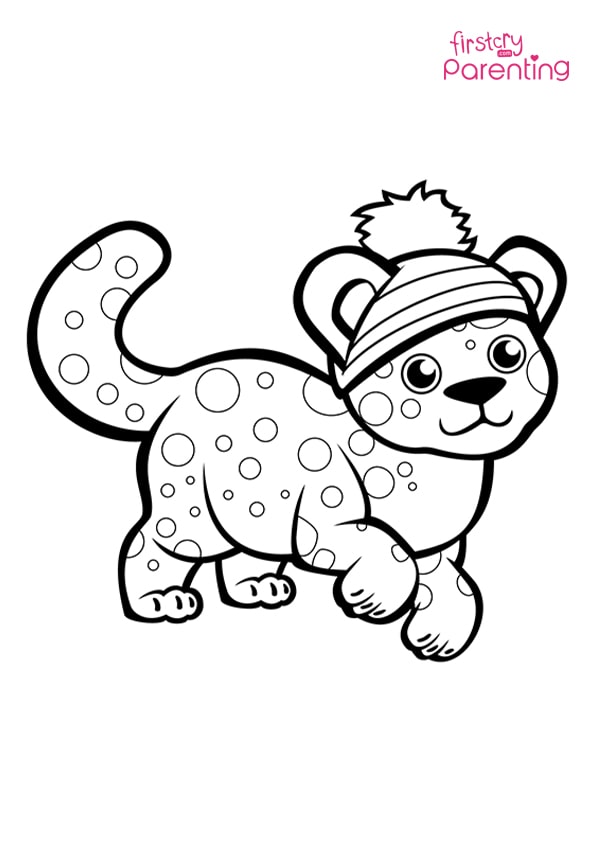 Cute cheetah in winter hat coloring page for kids