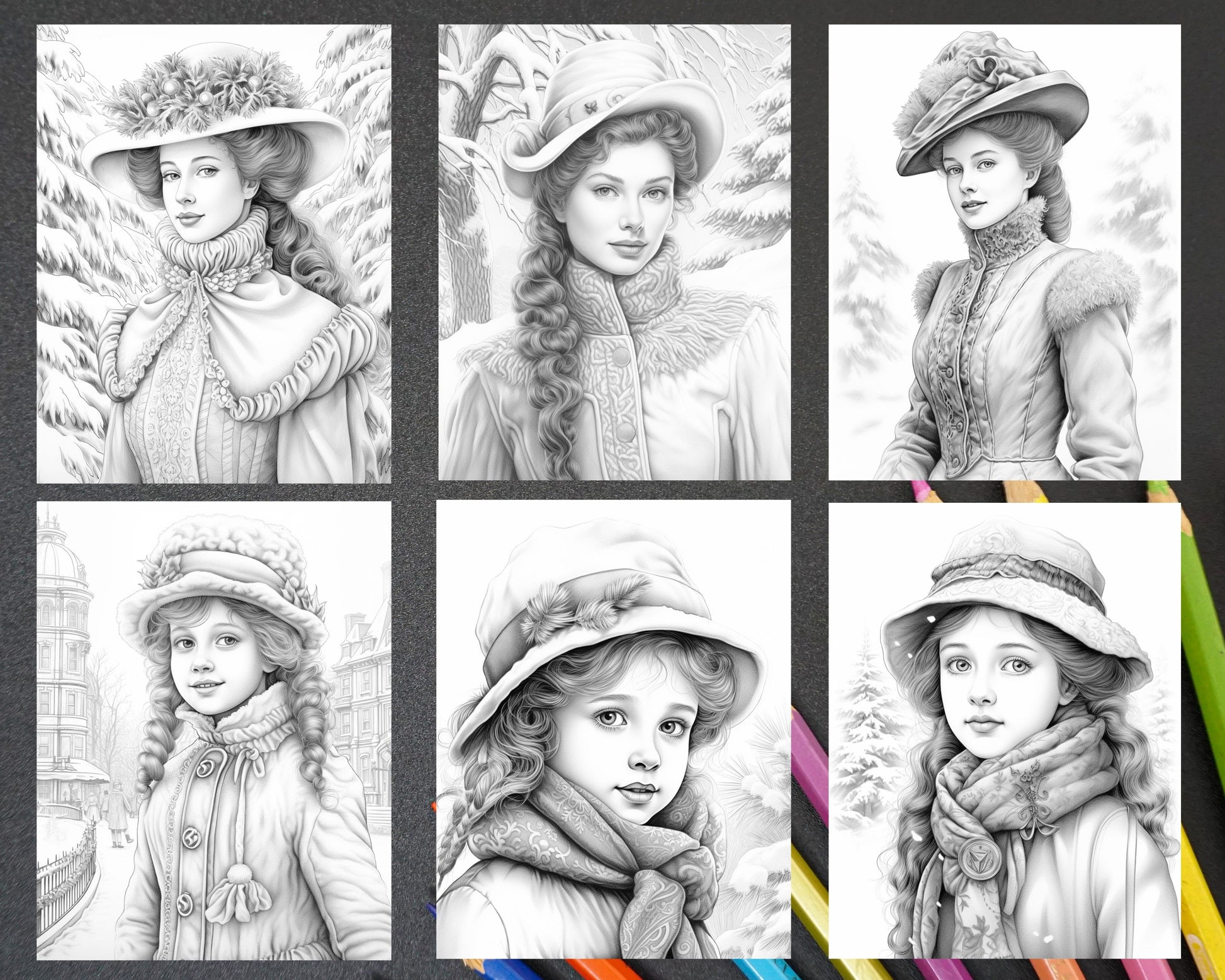 Victorian winter portrait grayscale coloring pages printable for ad â coloring