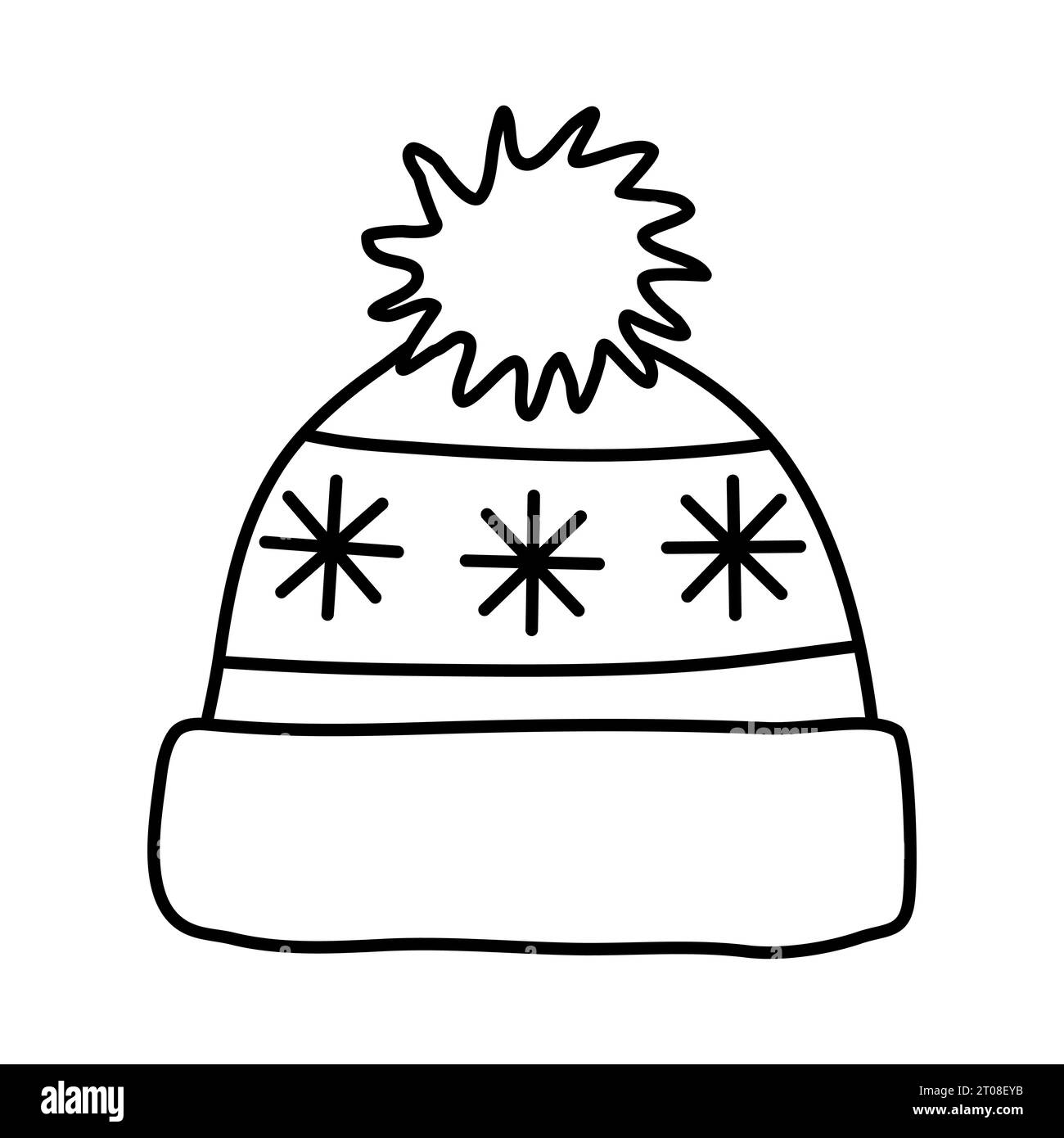 Knitted winter hat with pompom and snowflakes doodle style flat vector outline illustration for kids coloring book stock vector image art