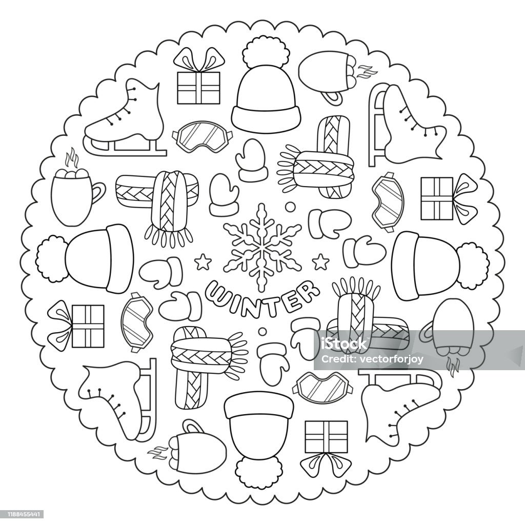 Coloring page mandala for kids with winter christmas and happy new year hat skates gift ski goggles mittens cup marshmallow scarf vector illustration stock illustration