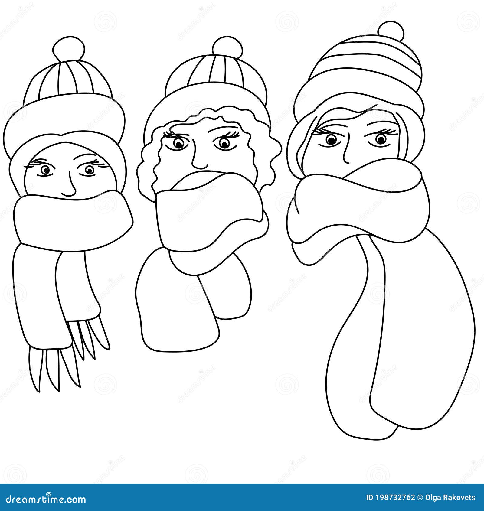 Three winter girls coloring page head in a warm hat and a cozy scarf stock vector