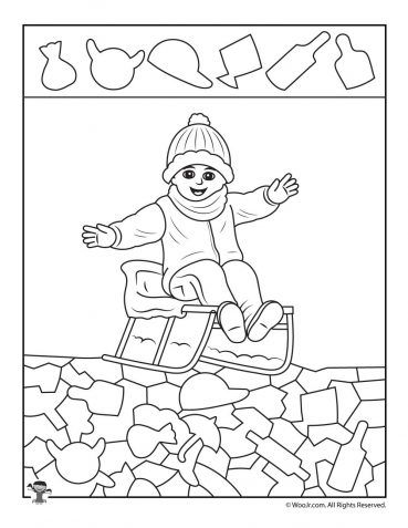 Winter sledding hidden picture worksheet woo jr kids activities childrens publishing hidden pictures winter preschool coloring pages