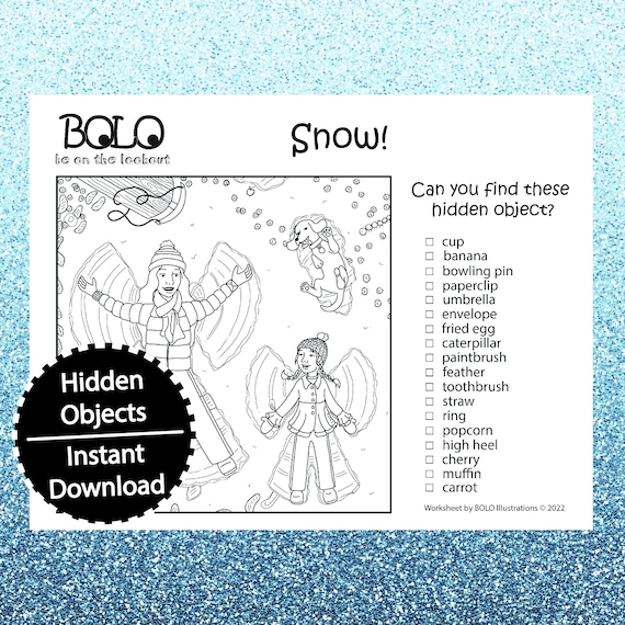 Hidden objects snow angels bolo be on the look out hide and seek pictures coloring page winter activity download now