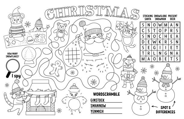 Vector christmas placemat for kids winter holiday printable activity mat with maze tic tac toe charts connect the dots find difference black and white new year play mat or coloring page stock