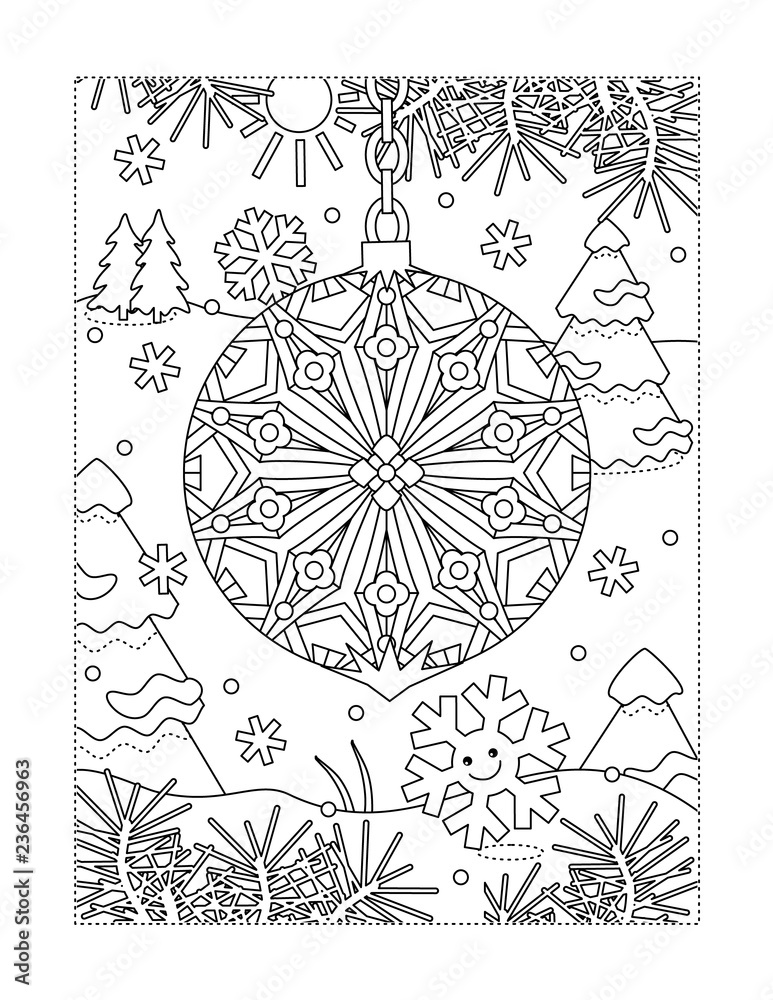 Winter holidays joy themed coloring page with beautiful christmas ornament and outdoor scene vector