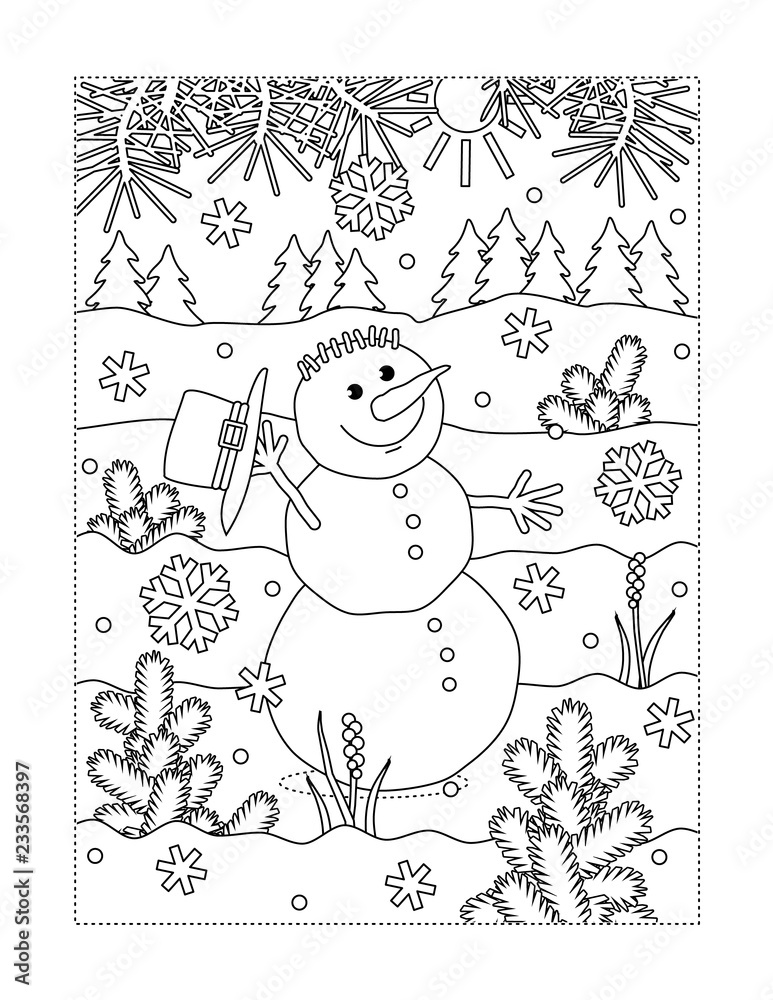 Winter holidays joy themed coloring page with happy cheerful snowman walking outdoor vector