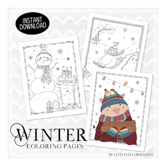 Winter coloring pages activities for kids christmas card holiday color page snowman penguin snowflake printable pdf instant download